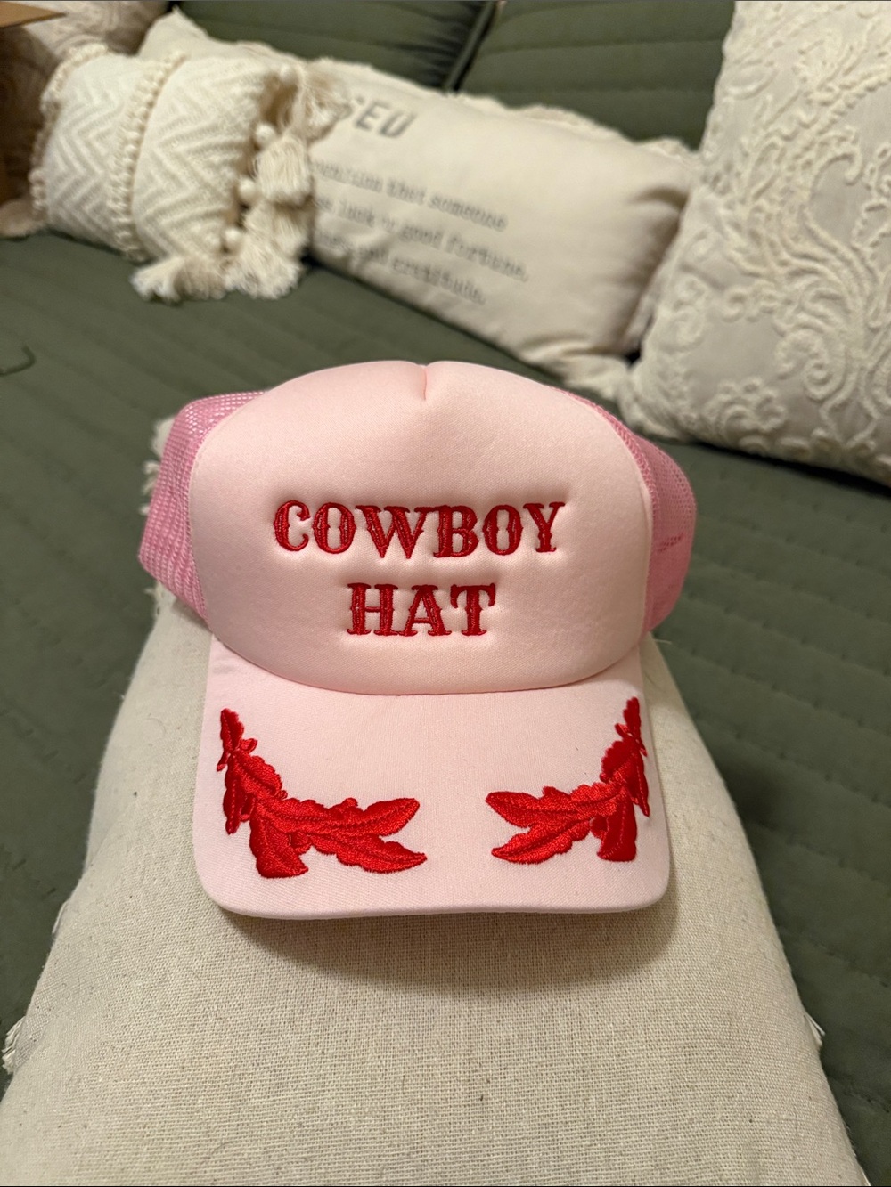 Pink Embroidered Trucker Hat with Red Appliqué- Never Worn!